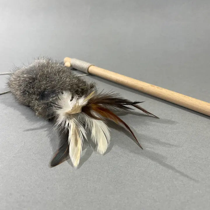 Natural Wand Toy, Cat Teaser with Rabbit Fur and Feathers - Niuniu's Pet Shop