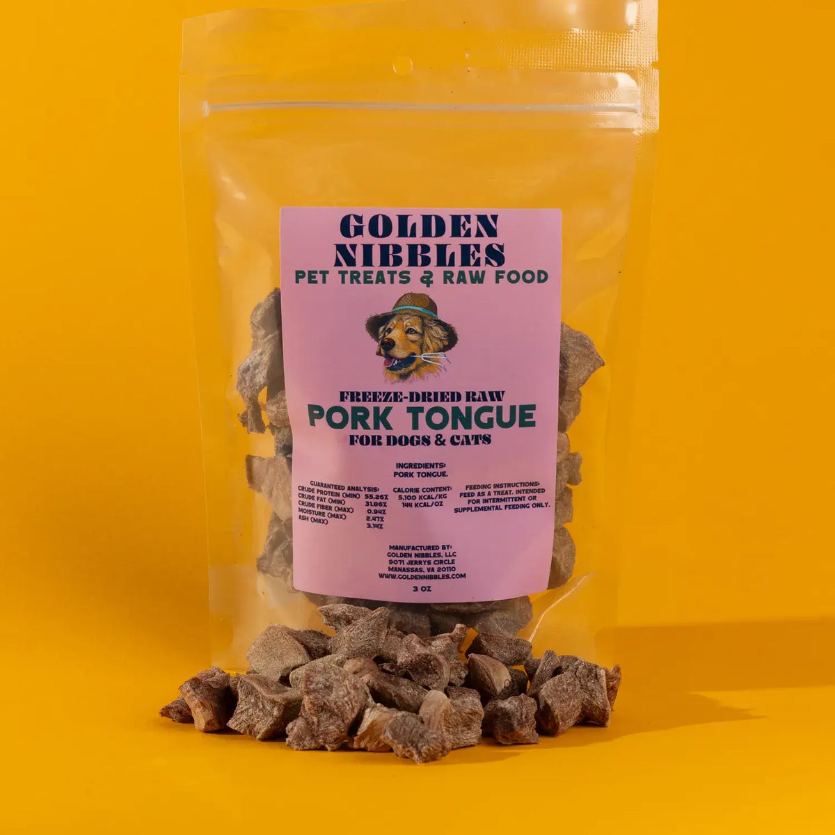 Pork Tongue - 3oz Bag - Freeze-Dried Treat for Dogs & Cats